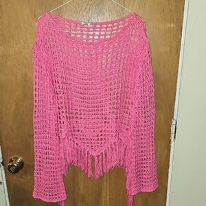 Chic Pink Knit Fringe Poncho